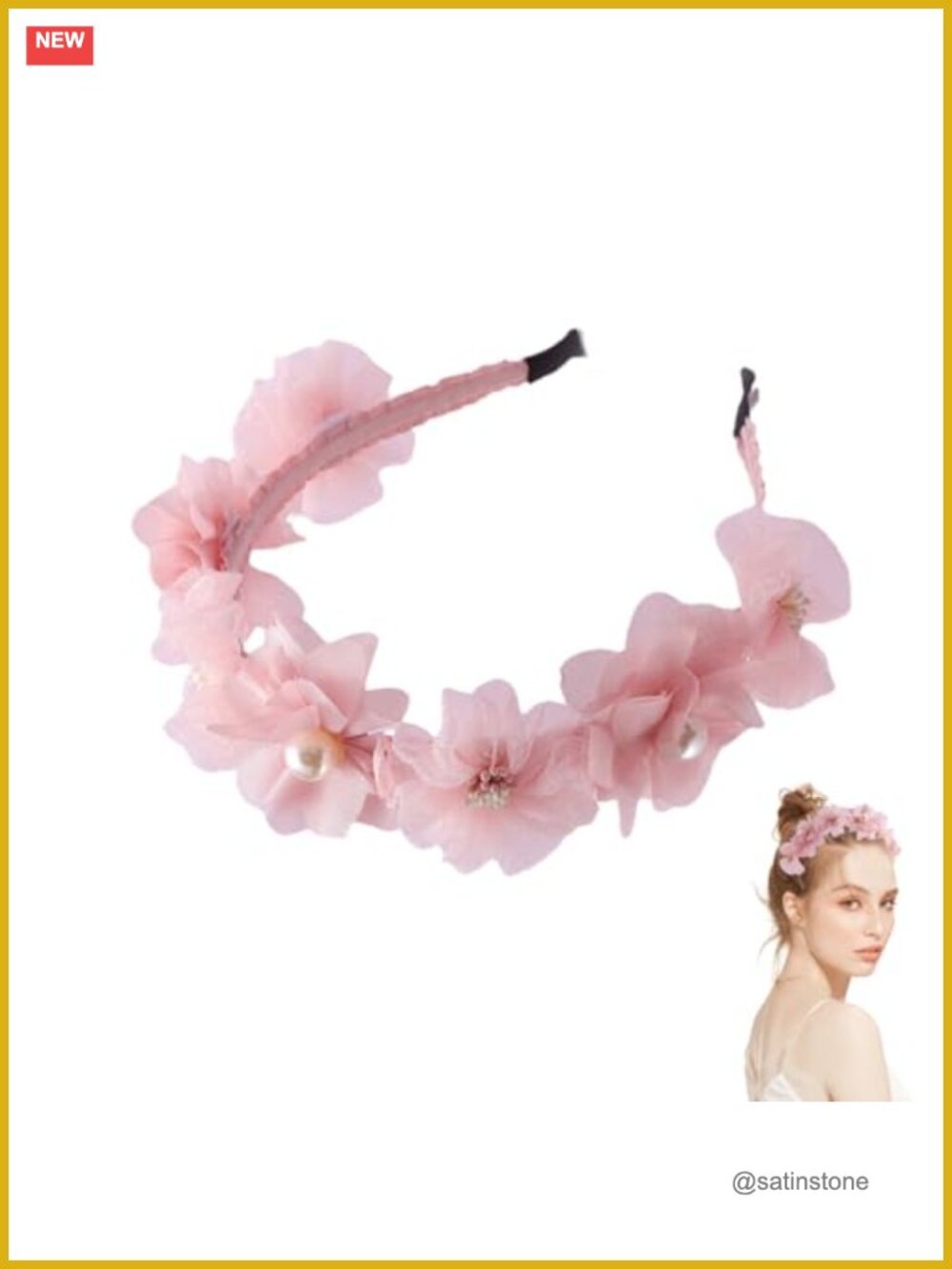 Floral Headband with Rose Flowers & Pearls Elastic Hair Accessory